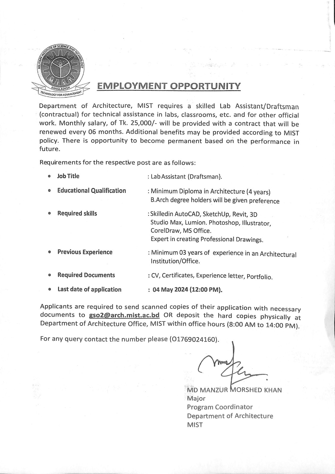 EMPLOYMENT OPPORTUNITY IN THE DEPARTMENT OF ARCHITECTURE